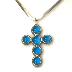 Hand Crafted Silver Tone Bubble Blue Glass Cross Pendant